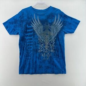 Konflic Y2K‎ Graphic T-Shirt XL Blue Winged Cross All Over Print USA